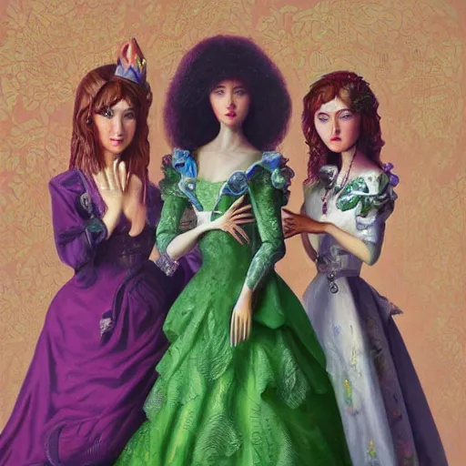 Prompt: a highly detailed painting. The musician Prince behind two beautiful twin sisters. He is green with jealousy. The sisters are happy and radiant. Trending on Artstation.