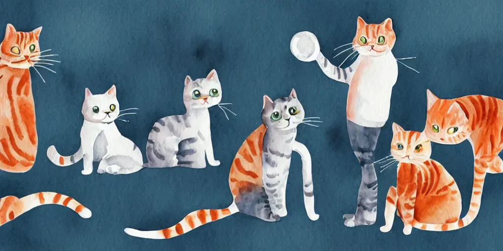 Image similar to watercolor illustration style, cute cats training in the fitness studio