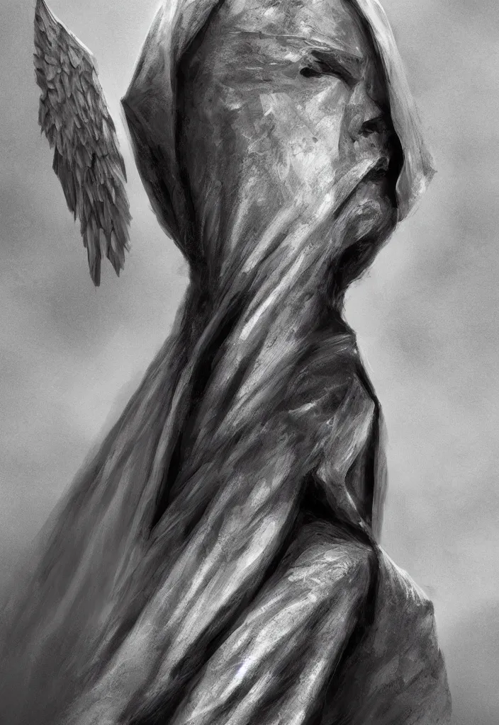 Prompt: a portrait of a an angel wearing a hood that covers its face commanding an army viewed at a low angle shot on 3 5 mm digital art trendingonartstation, cinematic, darkfantasy, deviantart, eerie,