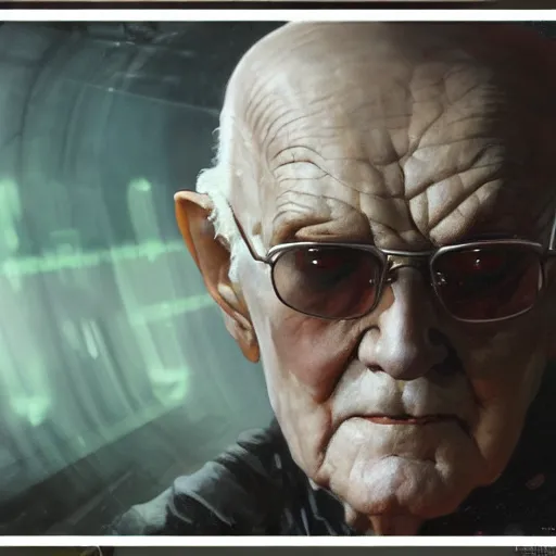 Prompt: hyperrealist portrait of an ancient old alien man with large cruel intelligent eyes and a huge head standing in front of a computer interface by jeremy mann and alphonse mucha and stan lee, fantasy art, photo realistic, dynamic lighting, artstation, poster, volumetric lighting, very detailed faces, award winning, full face, symmetry