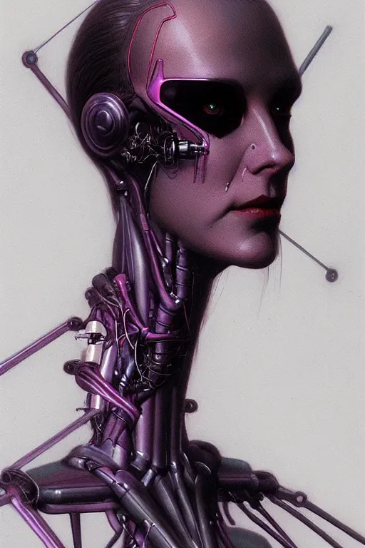 Image similar to portrait of a cyberpunk woman with biomechanichal parts by Wayne Barlowe, hyper detailled, trending on artstation