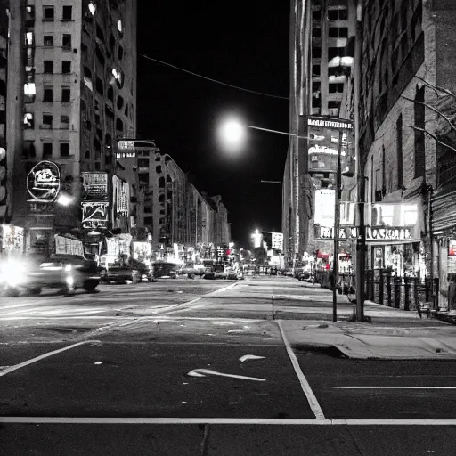 Prompt: photo of abandoned New York city street at night after the war between humans and AIs, film grain, soft vignette, Canon EOS Digital Rebel XTi, 100-300mm Canon f/5.6, Exposure time: 1/160, ISO 400