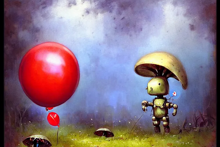 Prompt: adventurer ( ( ( ( ( 9 5 0 s retro future robot android mouse holding a red balloon. muted colors. spooky swamp mushrooms island, lillie pads ) ) ) ) ) by jean baptiste monge!!!!!!!!!!!!!!!!!!!!!!!!! chrome red