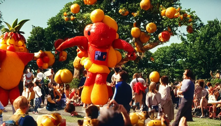 Image similar to 1990s candid photo of a beautiful day at the park, cinematic lighting, cinematic look, golden hour, costumed fruit mascot people coming out of an energy portal, Enormous personified fruit people with outstandingly happy faces coming out of a space portal and talking to families, UHD