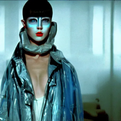 Image similar to cinematic portrait of a runaway replicant with tribal facepaint and a blue transparent plastic raincoat in an empty room, still from the movie bladerunner, fashion photography