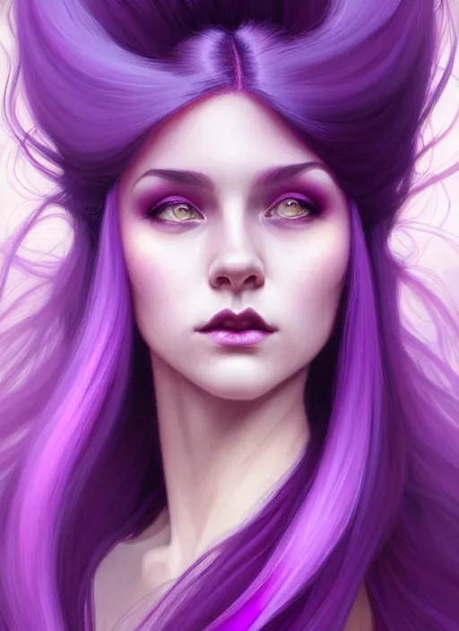 Image similar to Purple hair relistic Portrait of a woman with bright colored flying hair, all shades of purple. Hair coloring, long hair, fantasy, intricate, elegant, highly detailed, digital painting, artstation, concept art, smooth, sharp focus, illustration, art by artgerm and greg rutkowski and alphonse mucha