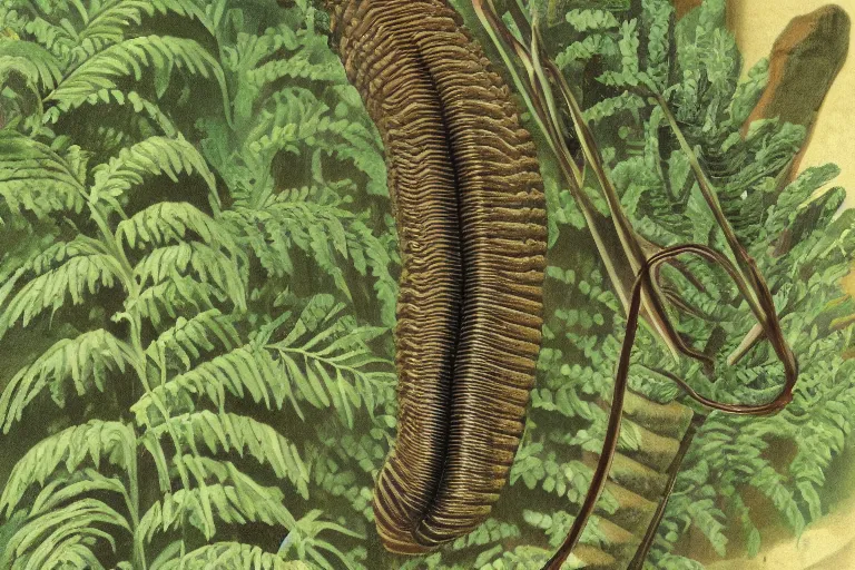 Image similar to naturalist drawing of an extinct giant millipede in a lush fern forest