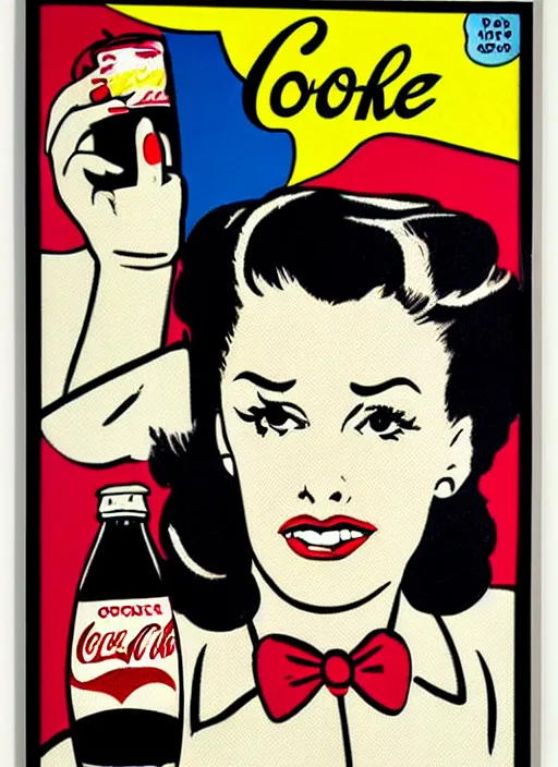 Image similar to a portrait of a woman advertising coke, 1 9 5 0's, punk by roy lichtenstein