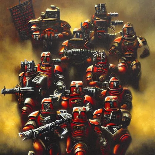 Image similar to a painting of red spacemarines from Warhammer 40000 by Banksy