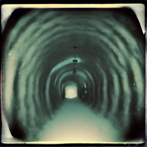 Prompt: a dark and narrow ice tunnel, dark, creepy, eerie, unsettling, terrifying, old polaroid, expired film, deep,