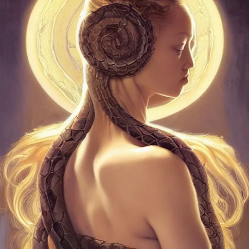 Image similar to Gemma Ward Supermodel as Medusa, snakes for hair, olive skin, long dark hair, beautiful bone structure, intricate, elegant, highly detailed, digital painting, artstation, concept art, smooth, sharp focus, illustration, art by artgerm and greg rutkowski and alphonse mucha and Chris Achilleos