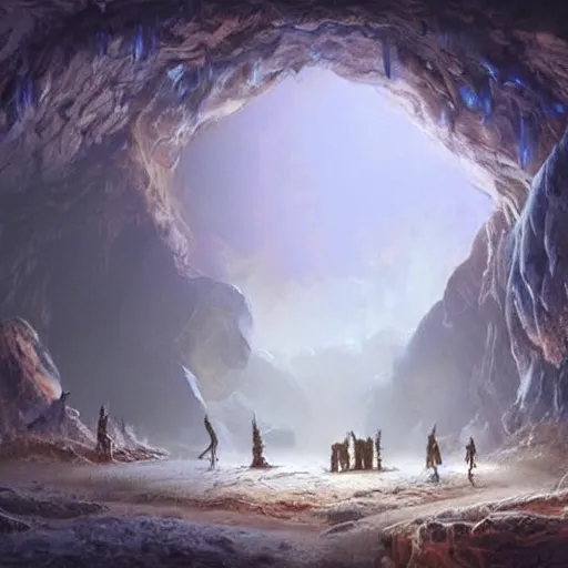 Image similar to beautiful matte painting of a cave with glowing crystals on the walls and bone piles on the floor, fantasy, sharp focus