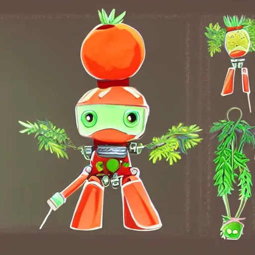 Image similar to cute robot made of plants with big tomato hat and a carrot sword, made in abyss style