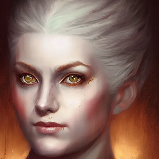 Image similar to a detailed matte head - on portrait painting of an middle - aged half - tiefling noblewoman with golden eyes and short well kept hair, by charlie bowater, lise deharme, wlop, tending on arstation, dungeons and dragon, dnd, pathfinder, fanart, oil on canvas