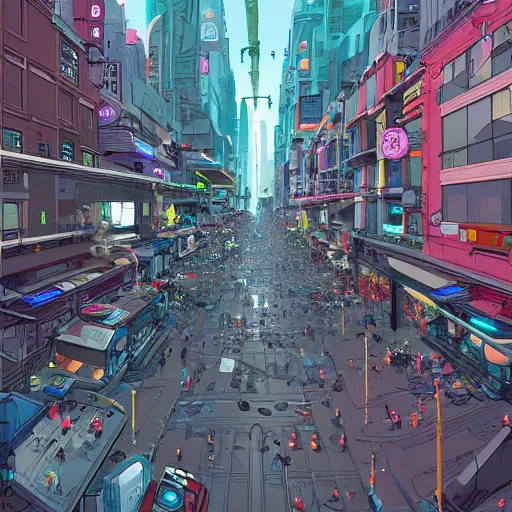 Image similar to busy street in the city of the future, wide shot, by josan gonzalez