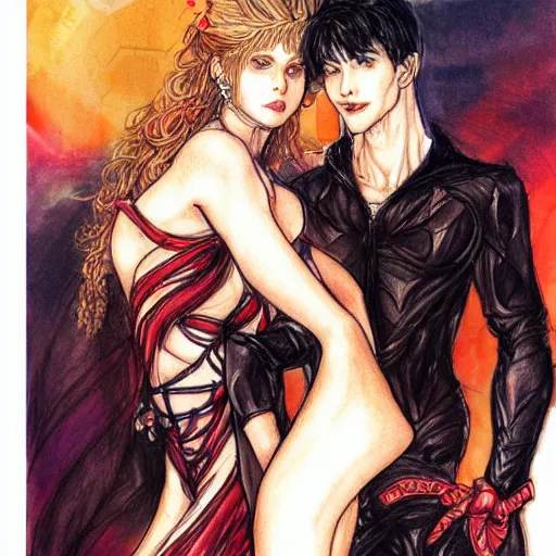 Image similar to a drawing of a woman holding a man, concept art by ayami kojima, featured on pixiv, auto - destructive art, official art, wiccan, parallax.