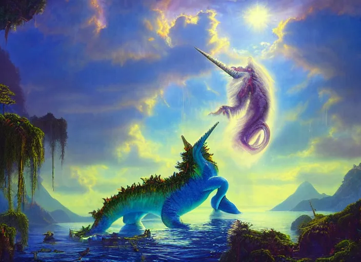 Image similar to photorealistic fantasy oil painting, great leviathan, magical unicorn, rainforest mountains, lush plants flowers, epic natural light, bright clouds, luminous sky, outer worlds, bright cinematic lighting, michael cheval, michael whelan, vray, 8 k hd