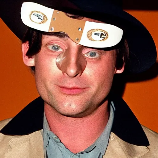 Prompt: Tim Robinson from I think You should Leave, dressed up as the Lone Ranger cowboy outfit and eye mask disguise, photo from the 1990s TV show Hot Shots Megee