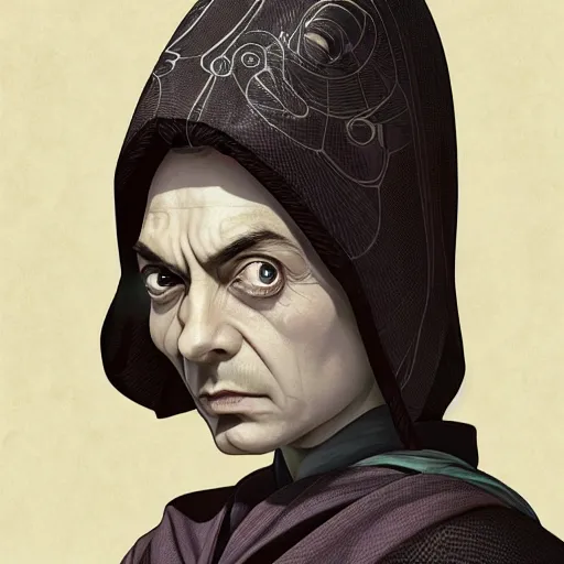 Prompt: mr. bean female, jedi master, wearing the traditional jedi robe, beautiful and uniquely odd looking, detailed symmetrical close up portrait, intricate complexity, in the style of artgerm and ilya kuvshinov, magic the gathering, star wars art