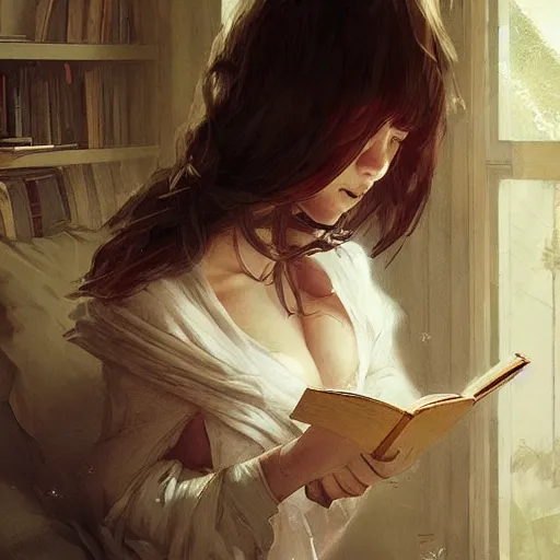 Image similar to awoke to cotton, sweet smell of books, by wlop, artgerm, greg rutkowski