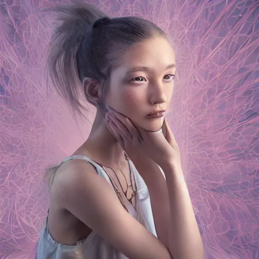 Prompt: a pretty young skinny woman who is very depressed and feeling hopeless sitting in the corner of her room waiting for The End. fractal lighting. machine shadowing. an amazing illustration by the greatest living illustrators of Japan. ultra detail. ultra shadowing. ultra graphics. ray tracing graphics. supreme colors. ultra image. perfect lighting. perfect pose. uplifting image. hopeful image. she has soft features, feminine features, cute face, long black hair, wearing a tye dye t-shirt and short black shorts. close up of her face. looking at camera askance.