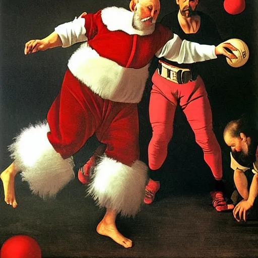 Prompt: Father Christmas throwing a dodgeball Painted by Caravaggio