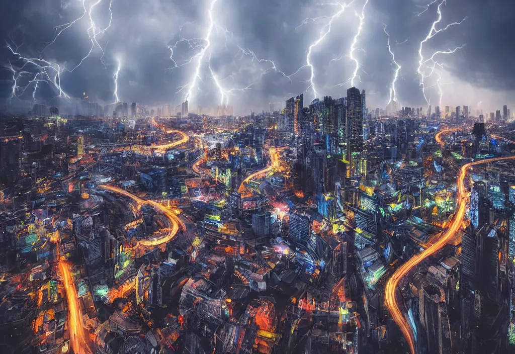 Prompt: futuristic cityscapes at rainy day, cinematic lightning, dramatic, clouds, sky, the time of day is dusk, highly detailed, professional award winning photograph,