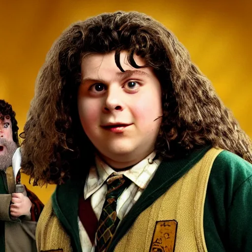 Prompt: Micheal Cera as Hagrid from Harry potter, movie still from chamber of secrets