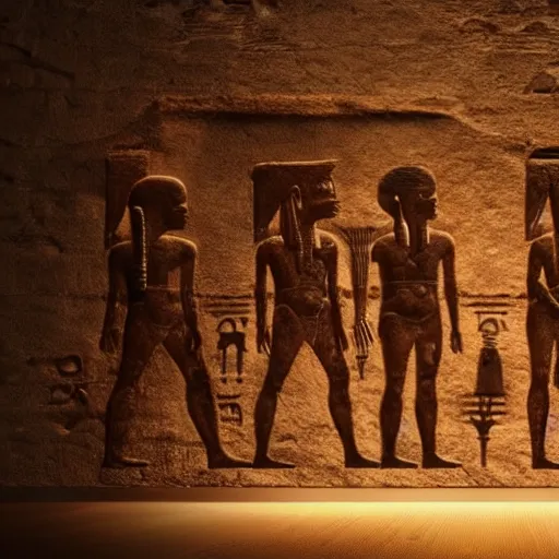 Image similar to realistic render of a group of aliens in front of hieroglyphs on a wall, cinematic lighting