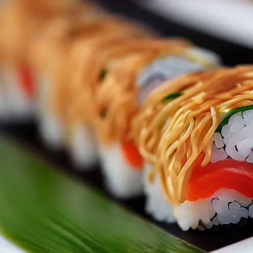 Prompt: photo of sushi served with fried noodle