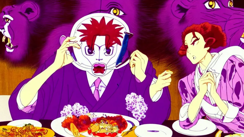 Image similar to a woman wearing a purple dress suit and a purple lion mask eating dinner at a fancy restaurant in Tokyo, anime film still from the an anime directed by Katsuhiro Otomo with art direction by Salvador Dalí, wide lens