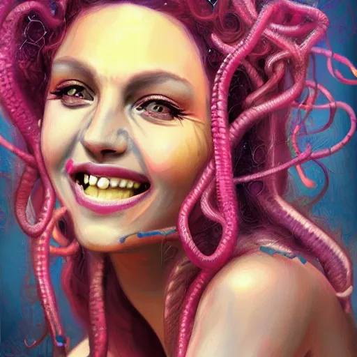 Image similar to medusa portrait painting, vibrtant, colorful, wicked smile, artstation, detailed, blurred background