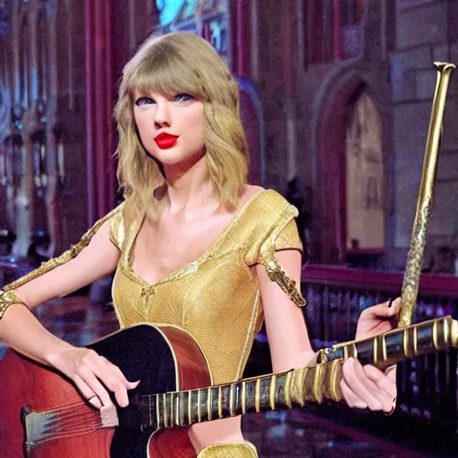 Prompt: taylor swift holding excalibur sword