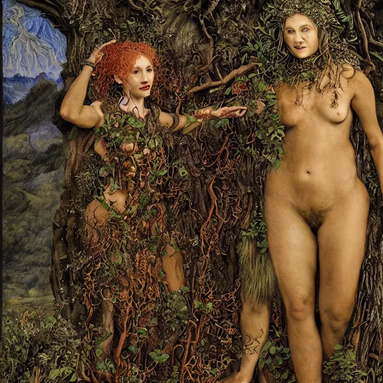 Image similar to a grinning druid dryad with goat pupils transforming herself into a mad beast. her skin is covered in scales and feathers. landscape with mountains, river and night sky. painted by jan van eyck, max ernst and ernst haeckel, trending on artstation, 8 k, award winning, hard lighting, fashion editorial