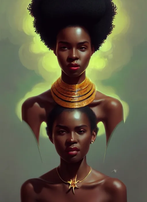 Image similar to portrait of young black woman with afro puffs, afro - futurist style, intricate, elegant gleaming jewelry, angelic halo, highly detailed, digital painting, artstation, concept art, smooth, sharp focus, illustration, art by wlop, mars ravelo and greg rutkowski
