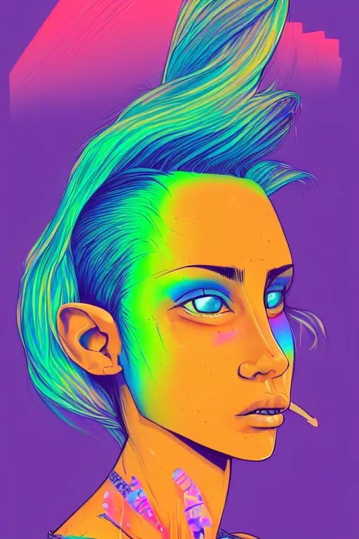 Image similar to a award winning half body portrait of a beautiful woman with stunning eyes in a printed croptop and cargo pants with rainbow colored ombre hairstyle head in motion and hair flying by josan gonzales, outrun, vaporware, shaded flat illustration, digital art, trending on artstation, highly detailed, fine detail, intricate