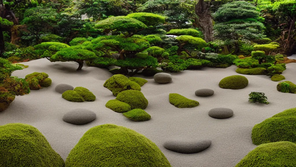 Image similar to zen garden, panaorama, fantasy