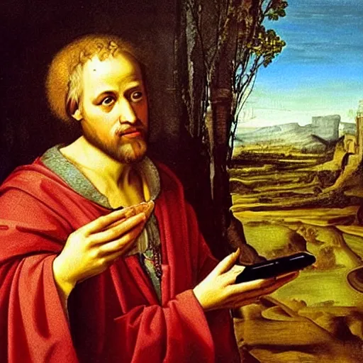 Image similar to renaissance oil painting prophet holding the holy iphone mobile phone of god