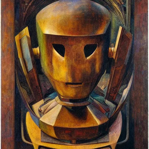 Image similar to the robot in her mechanical mask, by Annie Swynnerton and Diego Rivera, symbolist, dramatic lighting, elaborate geometric ornament, Art Brut ,god rays, soft cool colors,smooth, sharp focus, extremely detailed, Adolf Wölfli