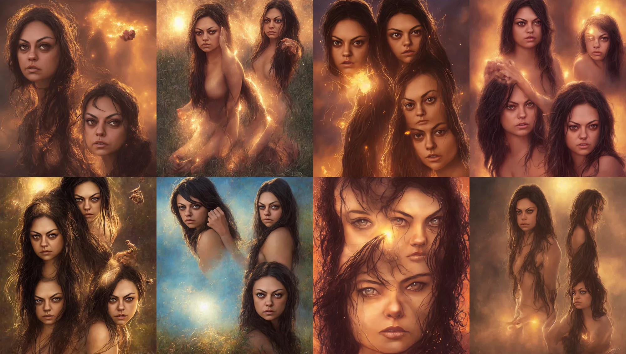 Image similar to big - eyed surprised mila kunis staring intensely into the camera, sundown golden hour firefly wisps, steve hanks, charlie bowater, mark brooks, steve henderson, justin gerard, mark keathley, victor nizovtsev, tom bagshaw, krenz cushart, ross tran, focal length : 2 0 0. 0 mm