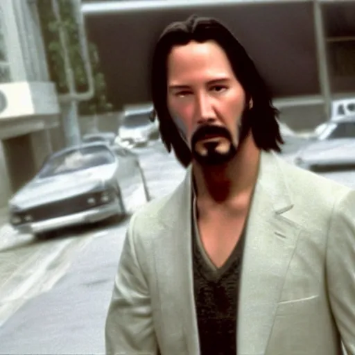 Image similar to beautiful hyperrealism three point perspective film still of Keanu Reeves as Gandalf the grey in car chase scene in Miami Vice(2006) extreme closeup portrait in style of 1990s frontiers in translucent porclein miniature street photography seinen manga fashion edition, miniature porcelain model, focus on face, eye contact, tilt shift style scene background, soft lighting, Kodak Portra 400, cinematic style, telephoto by Emmanuel Lubezki