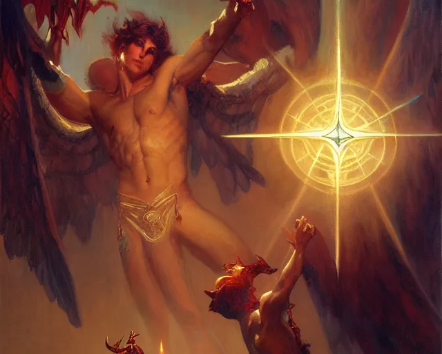 Image similar to attractive male deity, casting demonic magic, summoning handsome lucifer morning star. highly detailed painting by gaston bussiere, craig mullins, j. c. leyendecker 8 k