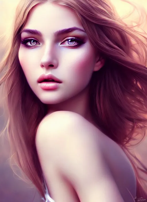 Image similar to a gorgeous female photo, professionally retouched, soft lighting, wearing a feather dress, realistic, smooth face, perfect eyes, wide angle, sharp focus on eyes, 8 k high definition, insanely detailed, intricate, elegant, art by artgerm and wlop