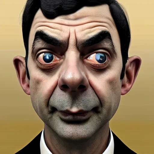 Image similar to mr. bean as gangster rapper with gold chain around neck, photorealistic, 8 k, award winning