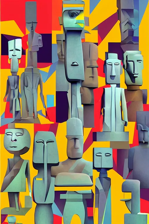 Image similar to cubist moai statue cutout digital illustration cartoon colorful beeple