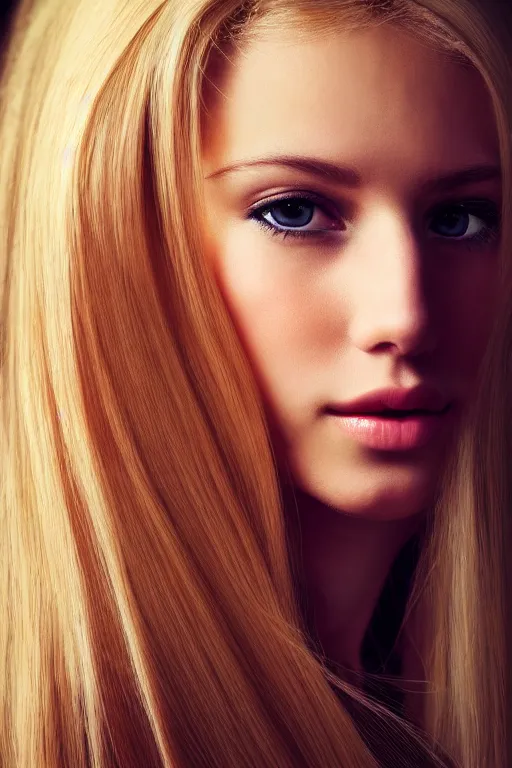 Prompt: portrait of a young pretty blonde girl with a long hair, elegant, photorealistic, sharp focus, filling light,