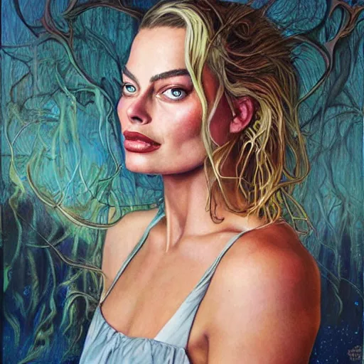 Image similar to surreal portrait of superfit margot robbie,, artwork by daniel merriam,