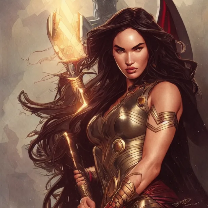 Image similar to megan fox as female thor by artgerm, greg rutkowski, alphonse mucha