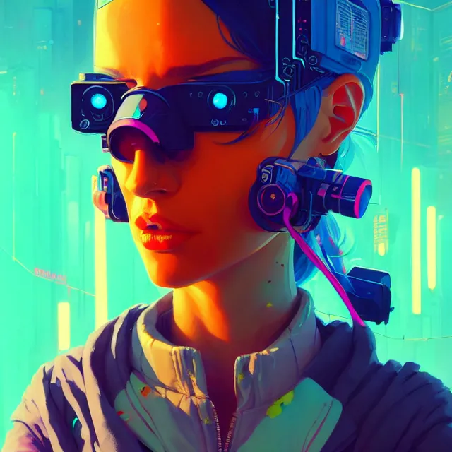 Prompt: a beautiful painting of a cyberpunk girl by sachin teng and pascal blanche and josan gonzalez and greg rutkowski and sachin teng and sandra chevrier. in style of futurism art. brush stroke, vibrating colors, hyper detailed. 4 k texture. beautiful features. octane render. trending on artstation