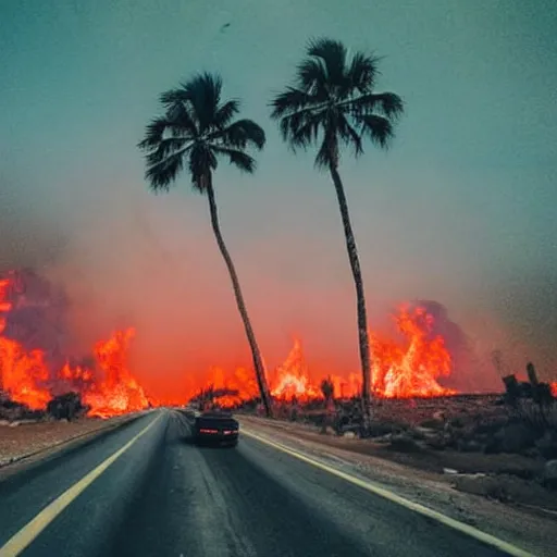 Prompt: cars wide shot epic post apocalyptic landscape wasteland miami desert fire craters natural disasters miami beach sunset fucked up palm trees landscape on fire 80s retrowave